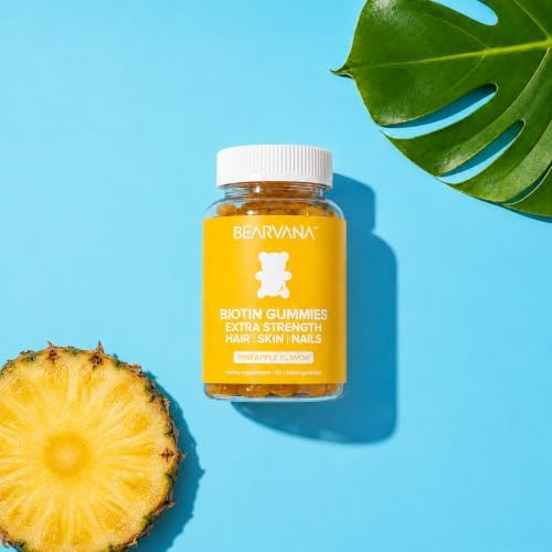 BEARVANA Biotin Gummies Extra Strength | Hair Skin & Nails Vitamins with Biotin, Vitamin C, E, B6 & B12 | Vegan Gummy Vitamins | Pineapple Flavor | 60 Gummies