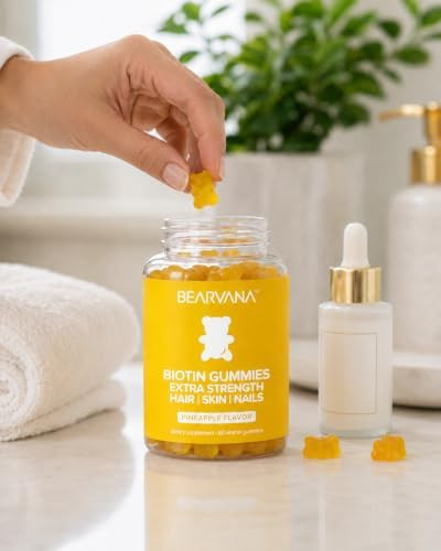 BEARVANA Biotin Gummies Extra Strength | Hair Skin & Nails Vitamins with Biotin, Vitamin C, E, B6 & B12 | Vegan Gummy Vitamins | Pineapple Flavor | 60 Gummies