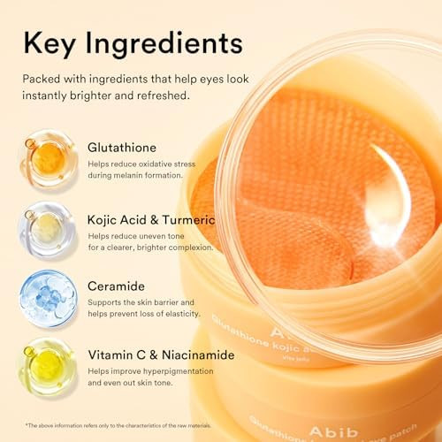 Abib Glutathione Kojic Acid Eye Patches for Radiance Dark Circles & Dark Spots, with Tone-up Jelly, 60 Count, Korean Skin Care