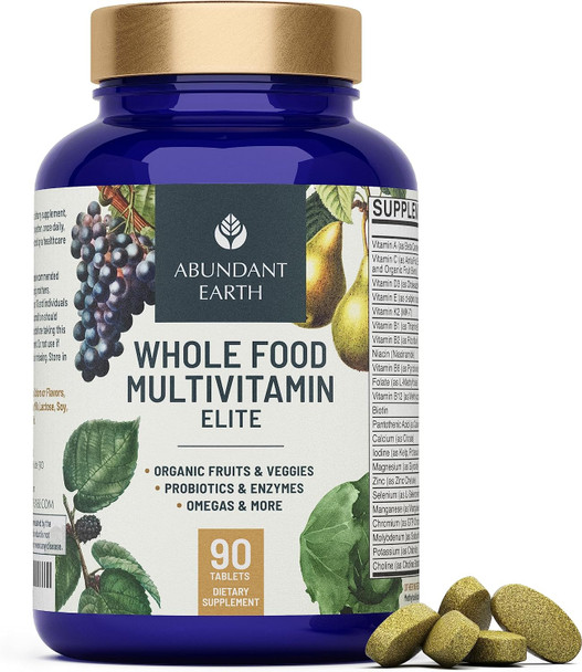 Abundant Earth Whole Food Multivitamin for Women Daily Multi Vitamins Supplements for Men Mens Multivitamins + B Complex Probiotic Multi Enzyme Omegas for Organic Energy Mood Digestion