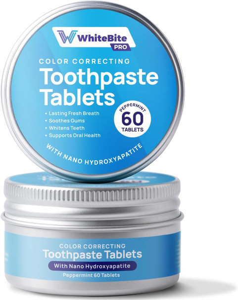Whitebite Pro Color Correcting Purple Toothpaste Tablets  Natural Whitening and Fresh Breath with Nano Hydroxyapatite Fluoride Free Plastic Free Travel Friendly Toothpaste and Mouthwash 60 Tabs