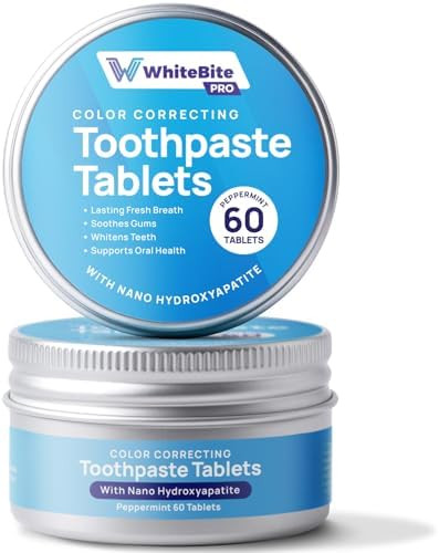 Whitebite Pro Color Correcting Purple Toothpaste Tablets  Natural Whitening and Fresh Breath with Nano Hydroxyapatite Fluoride Free Plastic Free Travel Friendly Toothpaste and Mouthwash 60 Tabs