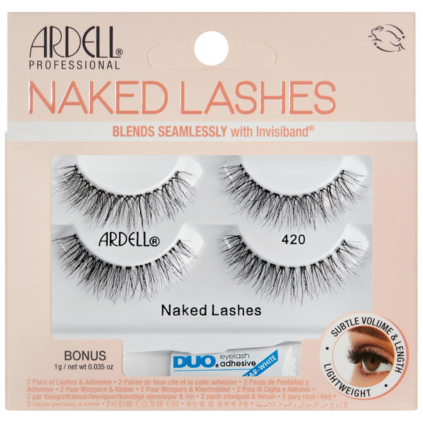 Ardell Naked Lashes 420  Natural Volume and  Lightweight Black Strip Lashes 2 Pairs with 1g Duo Pipette