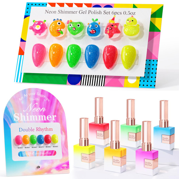 Double Rhythm 6 Pcs 15 ML Gel Nail Polish Set Kit Color Swatches (T6-87) | Full Size Same Color Same Bottle Nail Art Manicure Salon DIY at Home Glitter Shimmer Pink Green Blue Purple