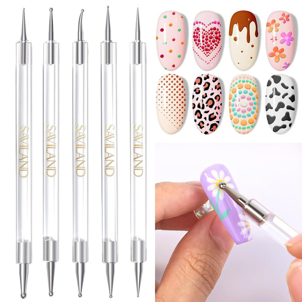SAVILAND Dual Ended Gel Nail Art Brush Set with Dotting Tools  Oval French liner and detail brushes dotting sizes flexible nylon bristles for gel polish poly gel and fine nail art