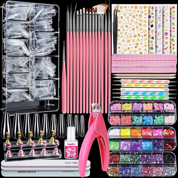 Teenitor Press On Nail Kit  Clear Coffin Nail Tips Art Brushes Dotting Pen Glitter Stickers and Rhinestones