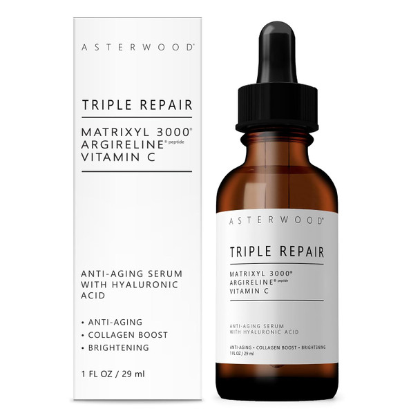 Asterwood Triple Repair Peptide Serum Matrixyl 3000 Argireline and Vit C Minimizes Fine Lines and Stimulates Collagen Formulated with Hyaluronic Acid Cruelty Free