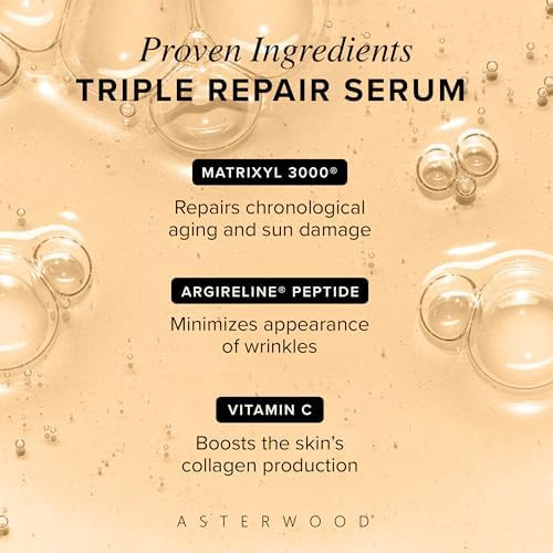 Asterwood Triple Repair Peptide Serum Matrixyl 3000 Argireline and Vit C Minimizes Fine Lines and Stimulates Collagen Formulated with Hyaluronic Acid Cruelty Free