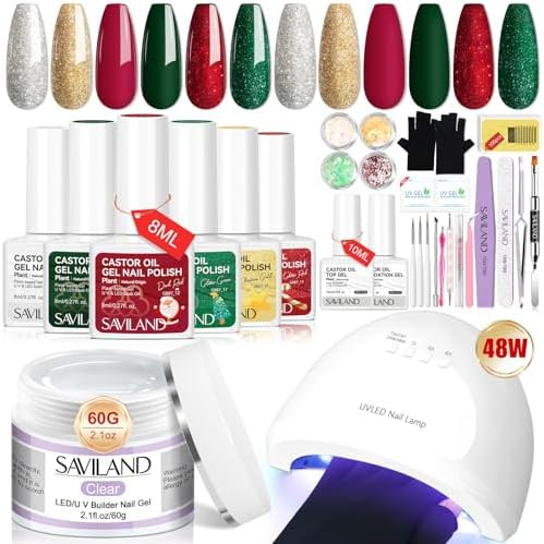 SAVILAND Christmas Gel Nail Polish Kit - Gel Nail Polish Kit with U V light Christmas Limited Series Clear Builder Nail Gels  Protection Gloves Nail Tech Gifts