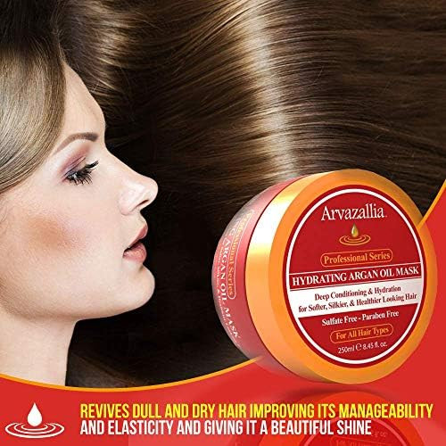Arvazallia Hydrating Argan Oil Hair Mask and  Deep Conditioner For Dry Hair  Repairs Moisturizes Detangles Damaged or Dry hair Leaving it Soft Silky and Easier to Manage. Sulfate Free