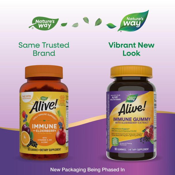 Nature's Way Alive! Immune Gummies, Food-Based Blend (150mg per serving) and Elderberry, Gluten Free, Made with Pectin, 90 Gummies