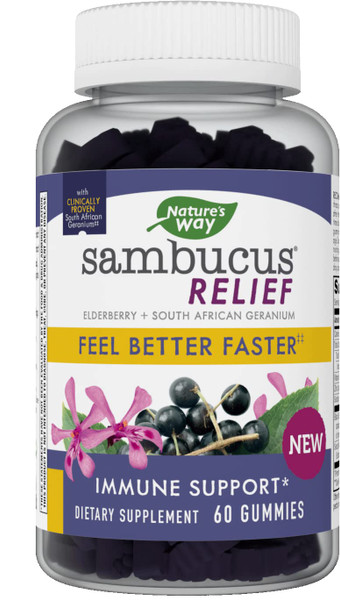 Nature's Way Sambucus Relief Gummies with Elderberry, Vitamin C, Zinc and South African Geranium, Immune Support, 60 Count
