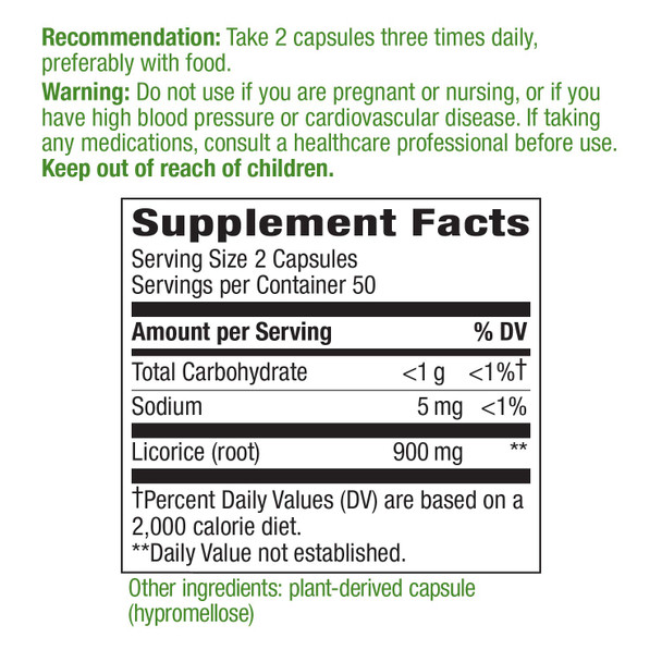 Nature's Way Licorice Root Capsules, 900 mg per serving, Premium Supplement, 100 Vegan Capsules