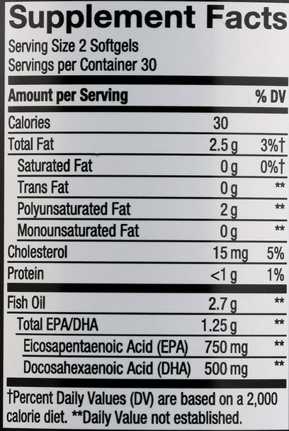 Nature's Way Ultra Pure Omega3 Fish Oil, 1250 mg EPA/DHA, Mint, 60 Softgels