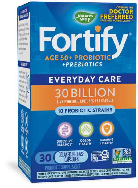 Natures Way Fortify 50+ Probiotic, 30 Billion Live Cultures, 10 Strains, Prebiotics, 30 Capsules