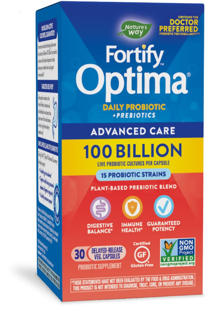 Natures Way Fortify Optima Daily Probiotic, 100 Billion, 15 Strains, Digestive & Immune Support*, with Prebiotics, 30 Capsules