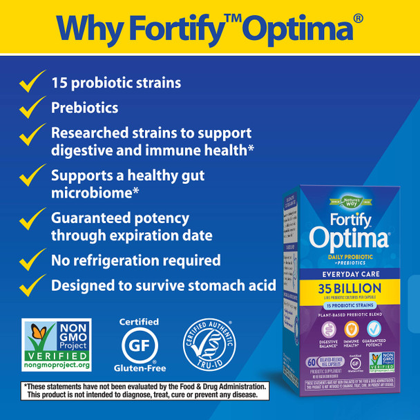 Natures Way Fortify Optima Daily Probiotic, 35 Billion, 15 Strains, Prebiotic, 60 Capsules