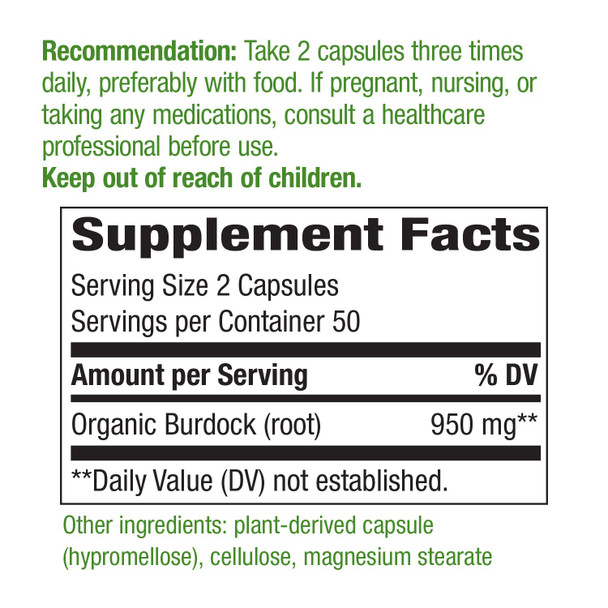 Nature's Way Burdock Root, 950 mg per serving, 100 Capsules (Packaging May Vary)