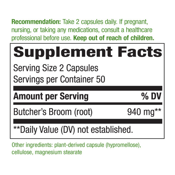 Nature's Way Butchers Broom, 940 mg per serving, 100 Vegetarian Capsules