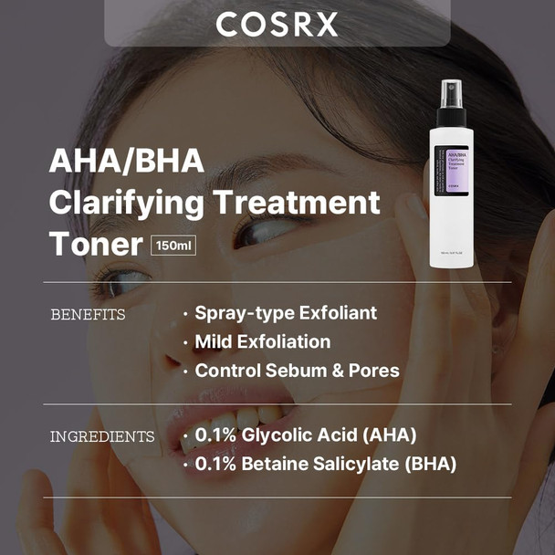 COSRX AHA/BHA Treatment Toner 5.07 fl.oz/ 150ml Facial Exfoliating Spray for Whiteheads Pores and  Uneven Skin Korean Toner Not Tested on Animals No Parabens No Sulfates Korean Skin Care