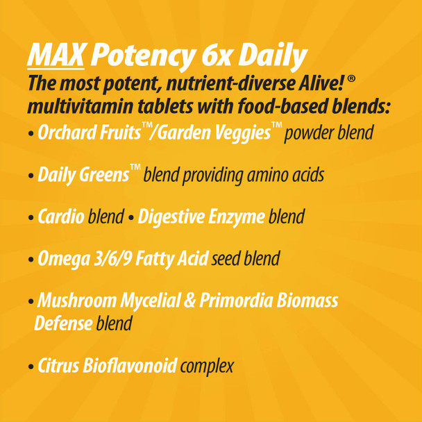 Natures Way Alive! Max6 Potency Multivitamin, Whole Body Nutrition, High Potency B-Vitamins, 90 Capsules