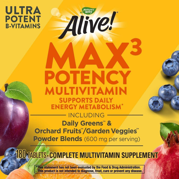 Natures Way Alive! Max3 Potency Multivitamin, Whole Body Nutrition, High Potency B-Vitamins, 180 Tablets