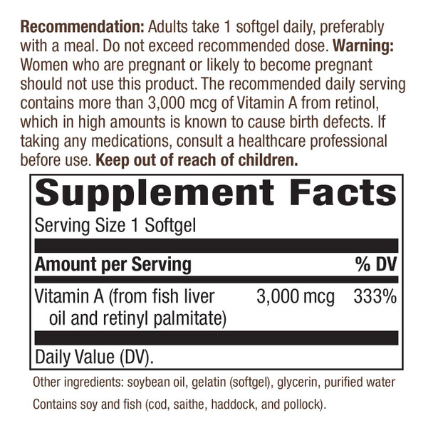 Nature'S Way Vitamin A, 3,000 Mcg Per Serving, 100 Softgels