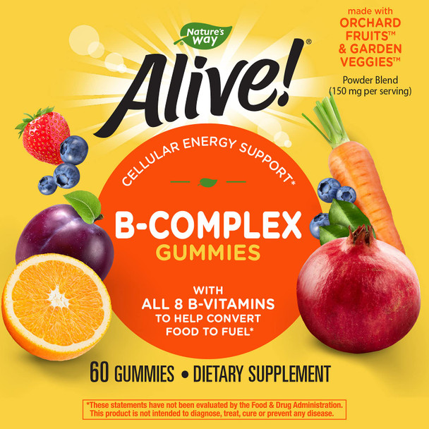 Natures Way Alive! B-Complex Gummies, Cellular Energy Support*, 8 B-Vitamins, Vegetarian, Mango Flavored, 60 Gummies