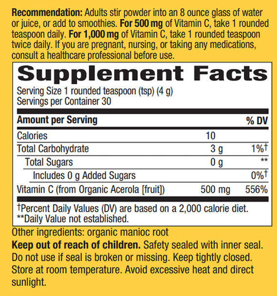 Nature's Way Alive! Vitamin C Powder, USDA Organic, 100% from Acerola, Kiwi, Lycium (Goji) Amla, Vegetarian, 4.23 oz.