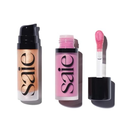 Saie Mini Glowy Super Gel Lightweight Llluminator And Makeup Primer Sunglow plus Dew Blush Lightweight Liquid Blush With A Blendable plus Buildable Cream Finish Baby .40 Oz 0.5 Oz