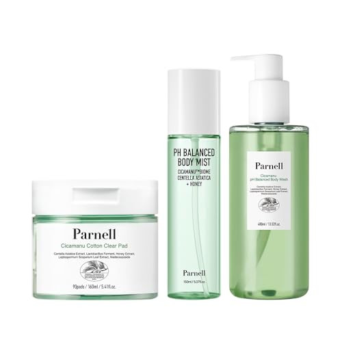 Parnell Cicamanu 3Step Body Care Trio Ph Balanced Body Wash With Centella And Salicylic Acid plus Hydrating Body Mist With Lha Pha plus Cotton Clear Padskorean Body Skincare Set For Acneprone Backne