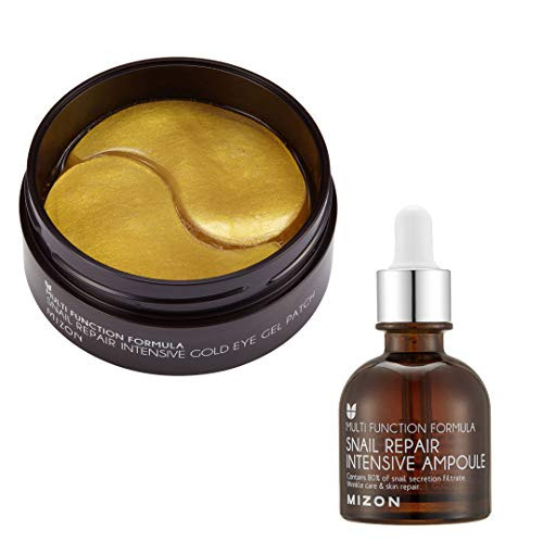 Mizon Snail Gold Eye Gel Patches plus Snail Repair Intensive Ampoule Moisturizing Antiaging Skin Regeneration Reduces Puffiness Dark Circles Treatment