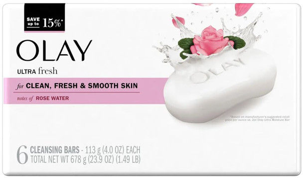 Olay Ultra Fresh Bath Bar For Clean Fresh And Smooth Skin With Notes Of Rosewater 23.9 Oz 678G 6 Count Pack Of 1