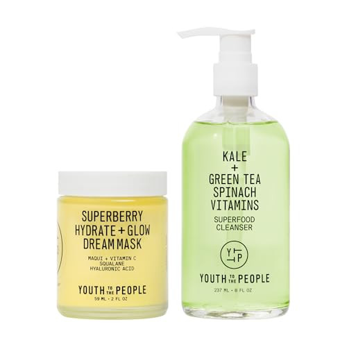 Youth To The People Rinse plus Rest Duo 2Pc Skincare Bundle Set Superberry Hydrate plus Glow Dream Overnight Face Mask plus Superfood Kale plus Green Tea Facial Cleanser Dull Dry Skin Types 2Oz 8Oz