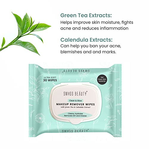 Swiss Beauty Clean And Glow Makeup Remover Wipeswith Green Tea And Calendula Extracts Cleansing And Hydrating Facial Wipes 30 Wipes