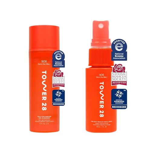 Tower 28 Sos Skin Care Set Facial Spray plus Balancing Gel Cleanser Hypochlorous Acid Spray To Calm Irritation plus Redness plus Soothing Face Wash For Sensitive Skin 1 Oz 150 Ml 2 Count
