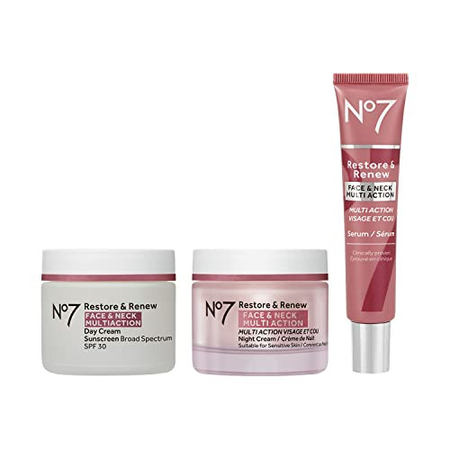 No7 Restore And Renew Face And Neck Multi Action Skincare System Spf 30 Day Cream With Vitamin C And Collagen Peptides plus Antiaging Facial Serum plus Hyaluronic Acid Hydrating Night Cream 3 Piece Kit