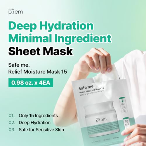 Makep:Rem Make Prem Safe Me. Relief Moisture Sheet Mask 15 X 10Eaenriched With Hyaluronic Acid For Comfort And Glow Korean Skin Care 0.84 Fl.Oz.