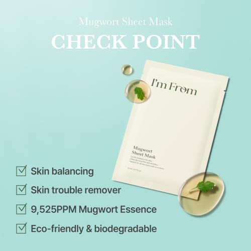 IM From Im From Mugwort Sheet Mask Calming And Cooling Vegan Face Mask With Mugwort Extract Soothing Care For Sensitive Skin Korean Skincare 5 Sheets 0.78 Fl.Oz
