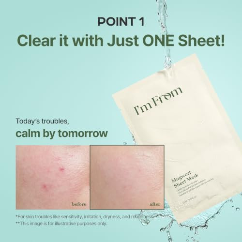 IM From Im From Mugwort Sheet Mask Calming And Cooling Vegan Face Mask With Mugwort Extract Soothing Care For Sensitive Skin Korean Skincare 5 Sheets 0.78 Fl.Oz