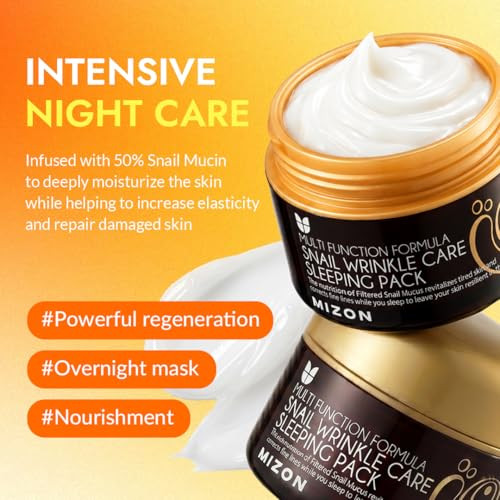 Mizon Snail Wrinkle Care Sleeping Pack snail Mucin Peptides Adenosine Shea Butter Overnight Firming Nourishing Night Mask 2.7 Fl Oz