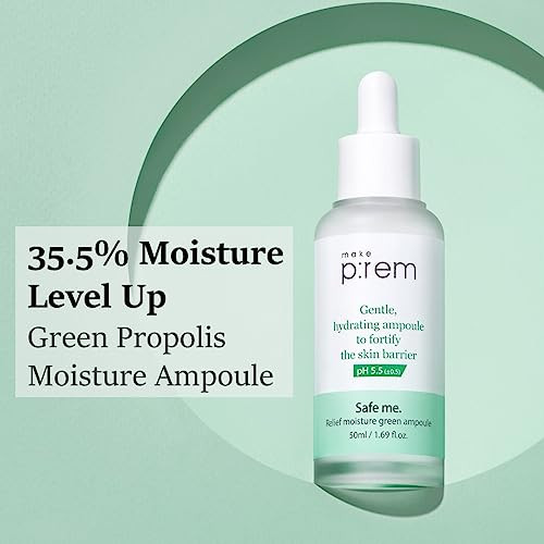 Makep:Rem Make Prem Safe Me. Relief Moisture Green Ampoule 50Mlhydrating Facial Serum For Sensitive Skin Skin Barrier Care Korean Skin Care 1.69 Fl.Oz.