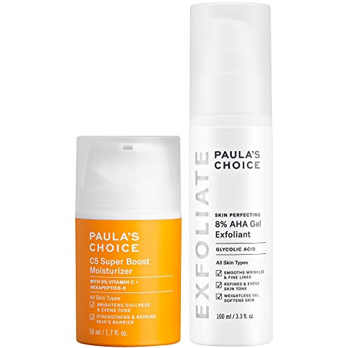 PaulaS Choice Paulas Choice 8% Aha Gel Leaveon Exfoliant With Glycolic Acid plus C5 Super Boost Moisturizer With 5% Vitamin C Duo For Sun Damage Discoloration Uneven Tone And Texture Fragrancefree