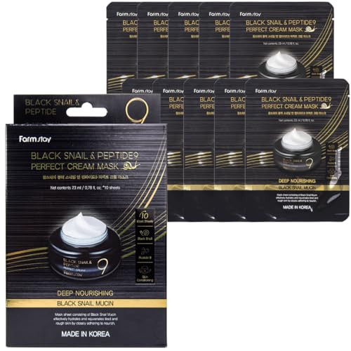 Farmstay Black Snail And Peptide 9 Cream Mask Korean Snail Mucin Mask Pack For Elastic And Glow Skin Hydrating And Antiaging Face Mask Pack Korean Skincare For Women And Men 10 Sheets 0.77 Fl. Oz Each