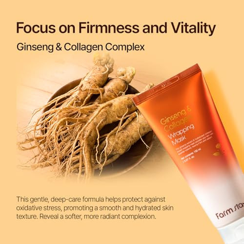 Farmstay Ginseng Collagen Wrapping Mask For Skin Hydrating Peel Off Face Mask With Real Ginseng Extract Night Facial Skincare For Glowing And Radiance Includes Application Brush 5.07 Fl Oz