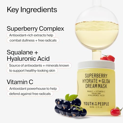 Youth To The People Radiant Skin Face plus Body Moisturizer Duo Vegan Skincare Bundle Set For All Day Glow Superberry Hydrate plus Glow Overnight Face Mask plus Dream Scented Body Butter 2Oz 8Oz