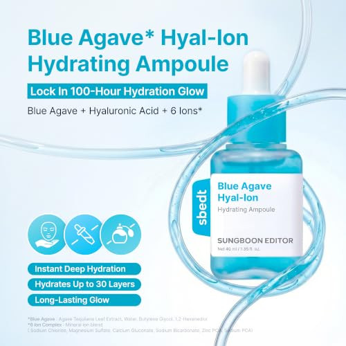 Sungboon Editor Blue Agave Hyalion Hydrating Ampoule Deep Moisture Waterglow Serum For Dry Dehydratedlooking Skin With 99% Pure Hyaluronic Acid 6Ion Complex Korean Skincare 1.35 Fl Oz