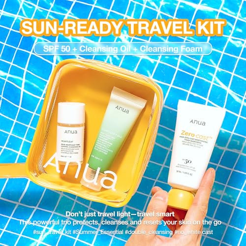 Anua Sunready Travel Kit Zerocast Sunscreen And Cleansing Oil And Face Wash. Korean Sunscreen With Mini Size Double Cleansing Routine Korean Skincare Set