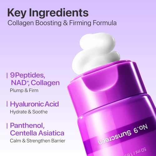 Numbuzin No.9 Nad Sunscreen Spf 50 Antiaging Korean Sunscreen 9 Peptides And Collagen For Firmerlooking Skin Dewy Finish No White Cast Suitable For All Skin Types 1.69 Fl Oz
