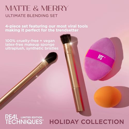 Real Techniques Matte And Merry Ultimate Blending 4 Piece Holiday Set Foundation Makeup Dualsided Powder Puff And 2 Makeup Brushes Kitten Paw Brush Stocking Stuffer Limited Edition